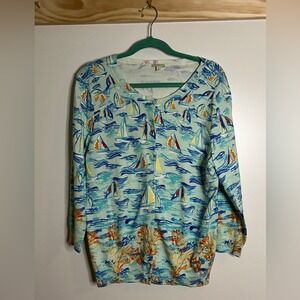 Talbots 3/4 Sleeve Cardigan Sailboats Ocean Preppy Women Size Large